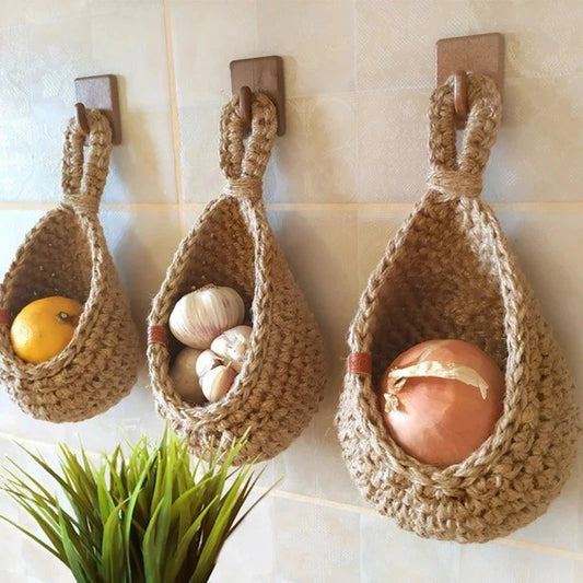 1PC Hand-woven Basket Wall Kitchen Hanging Net Pocket Cotton Rope Water Drop Fruit Vegetable Storage Basket Home Organizer Tools